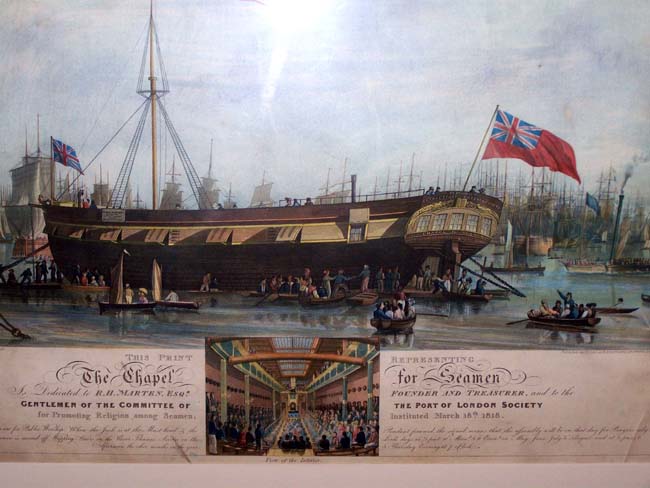 A beautiful hand colored aquatint engraving of "The Chapel for Seamen, Port of London" published by Robert Ackerman, London, 1819.